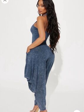 Fashion Nova Washed Blue Harem Halter Jumpsuit